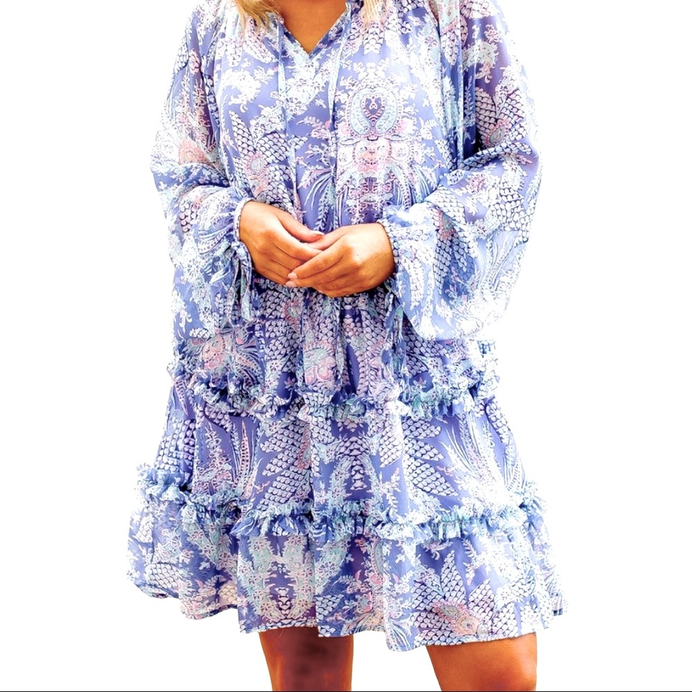 Adrienne Periwinkle Purple Paisley‎ Sheer Ruffle Longsleeve Mini Dress Medium